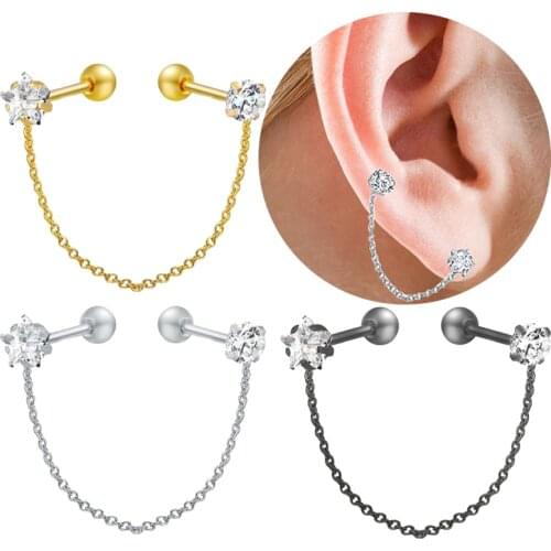 2 Hole Double Helix Piercing Tragus Earring For Women Tassel Chain Earring Stud Jewelry Accessories Fashion Crystal