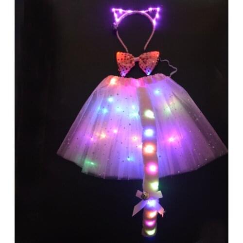 LED Glow Luminous Kids Girl Women Tutu Skirt Clothing Wedding Party Cat Animal Ear Headband Tie Tail Fox Costume Anime Cosplay