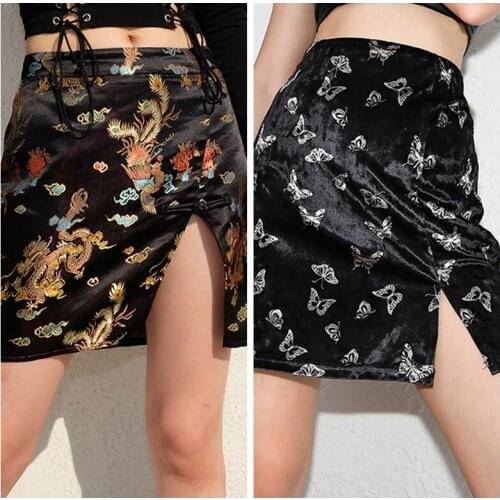 Womens New Retro Chinese Style Irregular Split Slim Bag Hip Short Skirt Embroidered Skirt