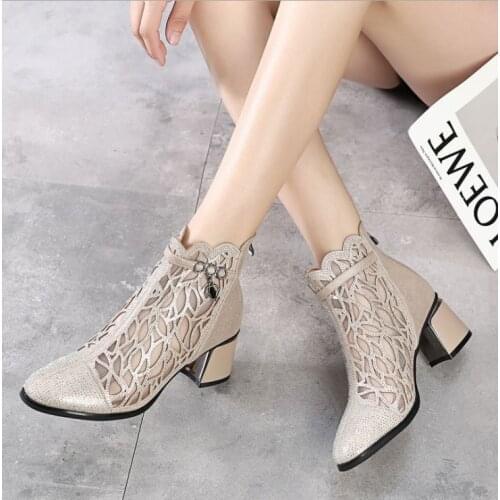 2021 Spring Summer Boots Fashion Rhinestones Gauze Sandals Thick High Heel Mesh Short Boots Hollow Womens Shoes Large Size 42