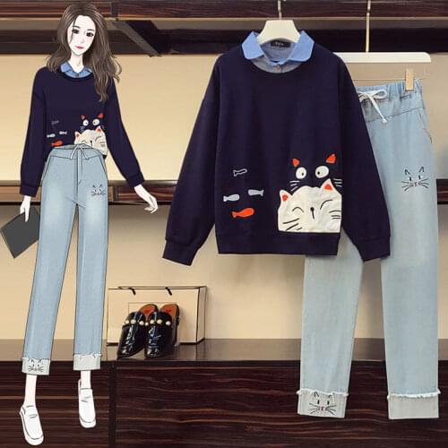 Womens Plus Size Womens Autumn Suit Womens Western Style Fake Two-piece Sweater Loose Jeans Two-piece Suit