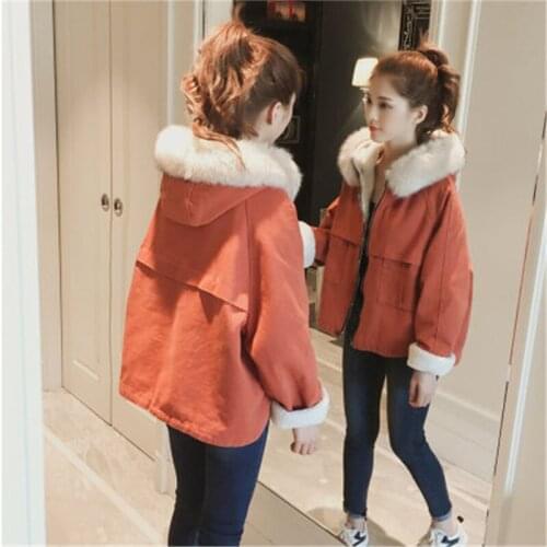 Womens Cotton Coat Winter Jackets Short Hooded Plus Velvet Warm Lambn Coats Ladies Winter Workwear Solid Color Overcoat