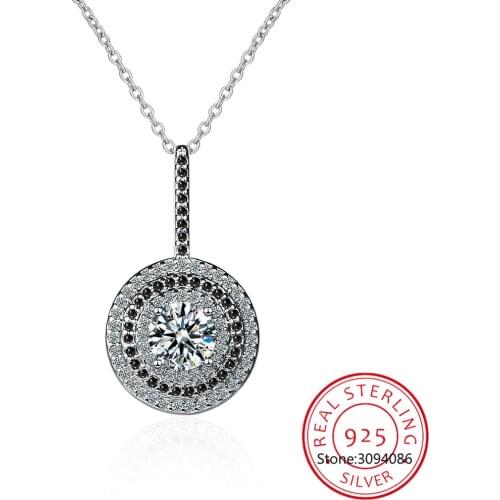 Genuine 100% 925 Sterling Silver Womens Necklace Fine Jewelry Round Bijoux Black Spinel Pendants Necklace P074