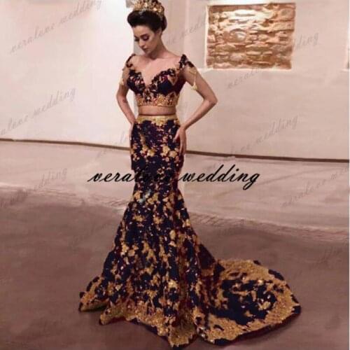 Two Pieces Sexy Mermaid Evening Dresses Dubai Saudi Arabic Black Gold Lace Robe De Soiree Prom Party Gowns Occasion Party Dress