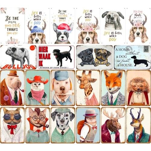 Animal In Clothes Cute Animal Vintage Tin Signs Dog Cat Walrus Giraffe Fox Hedgehog Owl Reindeer Elk Gamer Room Decor Kids Gift