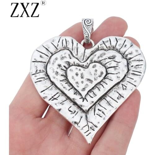 ZXZ 2pcs Tibetan Silver Large Hammered Heart Charms Pendants for Necklace Jewelry Making Findings 69x65mm