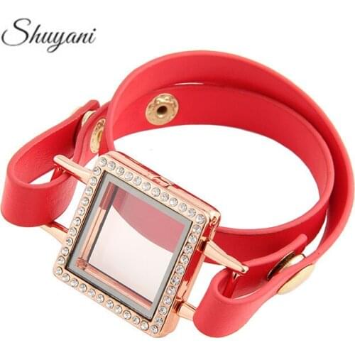 5pcs/lot Leather Jewelry Square Floating Glass Living Memory Locket With Red Color Leather Charm Bracelet & Bangle