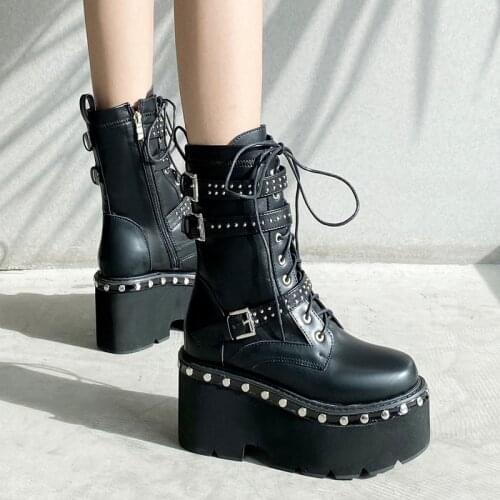 Women Boots Shoes Winter Fall Fashion low Heel Round Toe Boots For Woman Platform Black demonia boots Botas Mujer LJB276