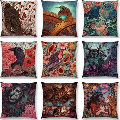 Print Dark Magic Augury Bird Sofa Pillow Case Three Eyes Raven Steampunk Hummingbird Night Princess Lion Owl Cushion Cover