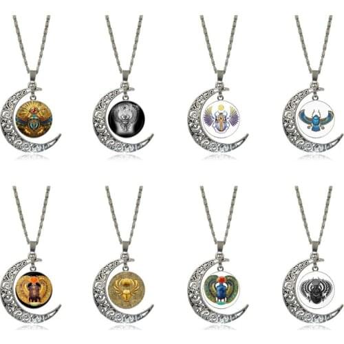 EJ Glaze For Lovers Girl Friend Best Gift Glass Cabochon Choker Moon Pendant Necklace Silver Color Jewelry Egyptian Scarab