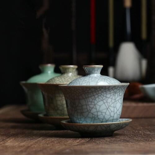 Marked longquan celadon gaiwan crackle glaze porcelain tureen with cup saucer covered bowl lid 150ml creative iron line design