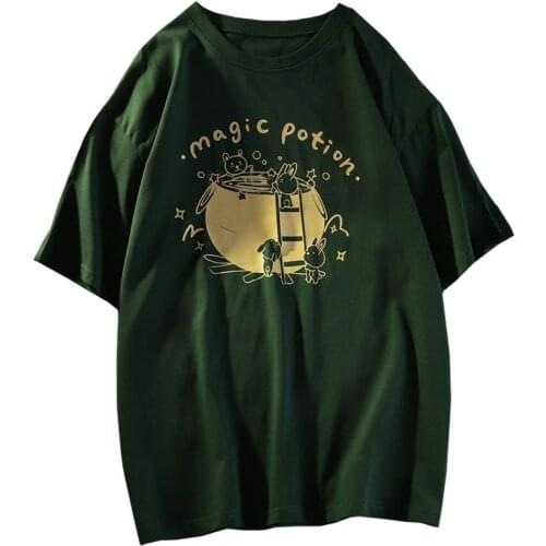 New Arrival Summer Cartoon Doodle Women T Shirt Bunny In The Bath Harajuku Girl Tees Green Short Sleeve Student Tops Female