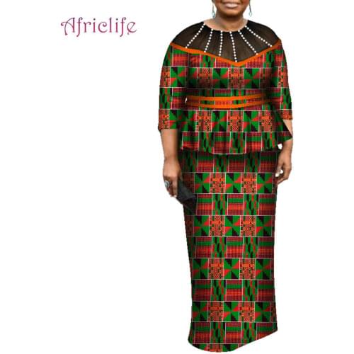 Three Quarter Sleeve Set African Wax Cotton Special Black Chiffon Collar with White Pearls Sexy Elegant Lady Skirt Suits WY6915