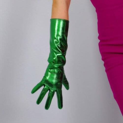 LATEX LONG GLOVES Faux Shine Patent Leather 16" 40cm Electric Green Slim Fit Women Leather Gloves WPU254