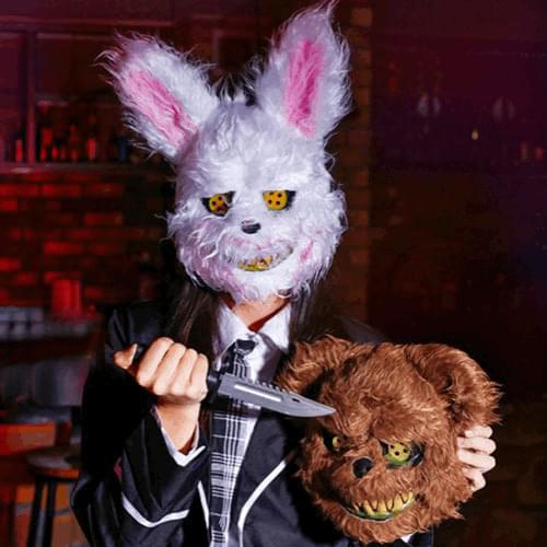 Halloween Mask Cosplay Evil Bloody Rabbit Plush Bear Animal Head Mask Horror Killer Masque Creepy Scary Cosplay Masquerade Props