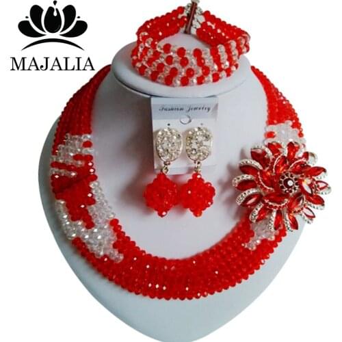 Trendy Nigeria Wedding red african beads jewelry set crystal necklace bracelet earrings Free shipping Majalia-068