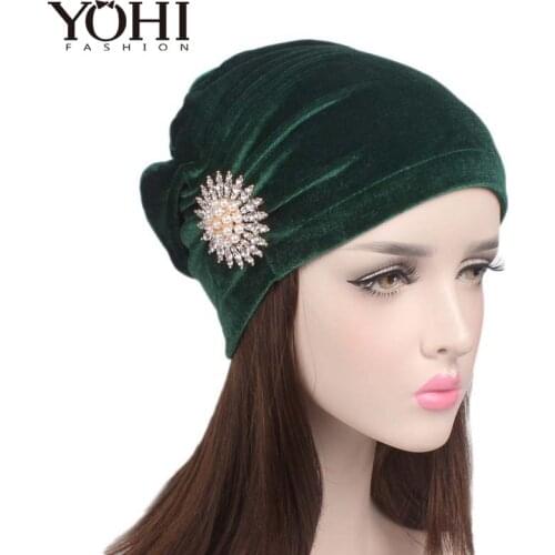 2018 New elegant women velvet Turban Head Wrap Extra Long Turban Headwrap Tie with pearl pearled brooch for women