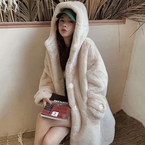 2021 new winter womens artificial fur coat loose rabbit fur long large size fur coat hooded thick warm plush coat women