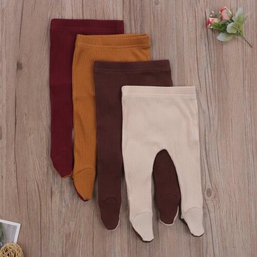 Newborn Babys Solid Color Knitted Long Pants Cotton Footies Tight Leggings for 0-12M Baby of Autumn and Winter Wear