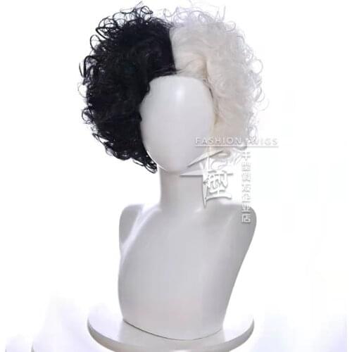 Movie Cruella de Vil Emma Stone Cruella Black White Curly Wig Cosplay Costume Heat Resistant Synthetic Hair Women Short Wigs