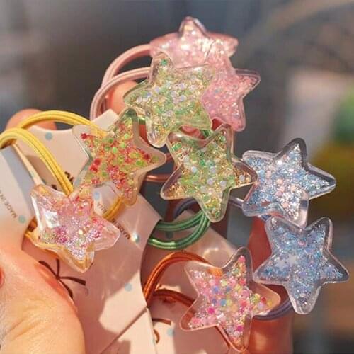 5Pairs in Handmade kids girls super elastic bands cord glitter heart star cat ponytail holder hair cute decoration accessories