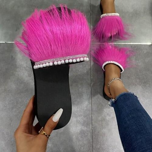 2021 New Style Women Fluffy Plush Fur Pearl Slippers Flats Black Sandals Women Flip Flops Platform Slipper Female Casual Shoes