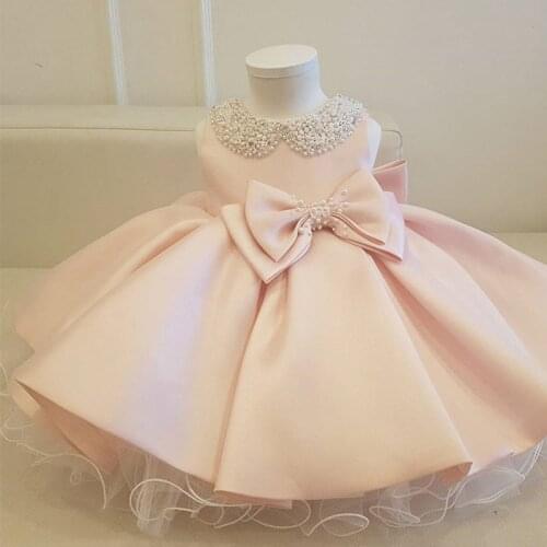 High-end Pink White Wedding Princess Baby Girls Dress Bead Bow Birthday Evening Party Infant Dress for Girl Gala Kids Clothes