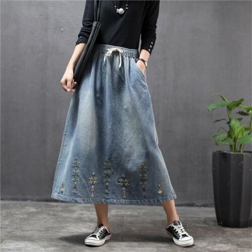 Plus Size A-line Denim Long Skirts Women Oversized Embroidery Vintage Female Art Loose Ankle Length Maxi Ripped Jeans Skirt