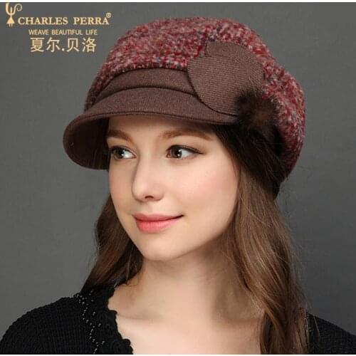 Charles Perra Brand Women Hats NEW 2020 Autumn Winter Thicken Fashion Hat Elegant Lady Beret Wool Cap Windproof Ear Protect 4218