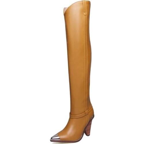 2019 Over The Knee Long Boots Genuine Leather Metal Toe Strange Style Heels Shoes Wide Calf Slip On Female Winter Boots