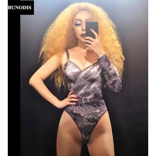 ZD211 Women One Sleeve Sexy Black Jumpsuit 3D Print Nightclub Party Bodysuit Stage Wear Bling Costumes Dancer Singer Clothing