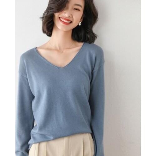 Womens Sweater Spring Autumn Long Sleeve V Neck Solid Pullovers Ladies Thin Casual Jumper Knitted Wear for Female