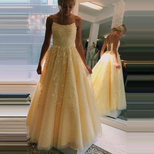 Yellow Quinceanera Dresses Lace Appliques Spaghetti Straps Cross Back A-line Sweet 16 Special Day Gowns vestido quinceañera
