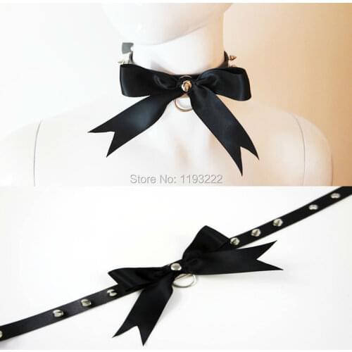 Handmade Fashion Lolita Women Gilrs Sweet Lace Ribbon Bow Bowknot Belt Black Spike Choker Collar Necklace