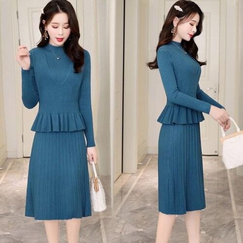 2021 New Autumn Winter Slim Ruffles Vest Half High Collar Two Pieces Dresses Fashion Elegant Women Sweater Dresses LJ3412
