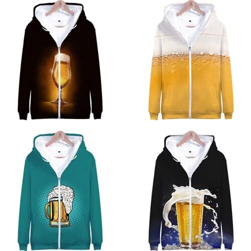 3d Print Funny Beer Hoodie Fashion Men Women Zipper Hoodies Jackets Casual Long Sleeve Zip Up 3D Hooded Sweatshirt Tracksuit Top