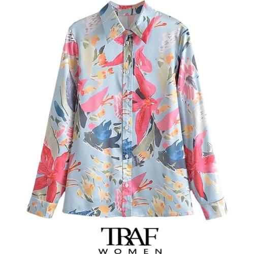 TRAF Za Women Fashion Floral Print Loose Blouses Vintage Long Sleeve Button-up Female Shirts Blusas Chic Tops
