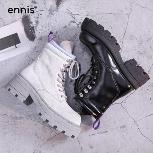 ENNIS Women Martin Boots Genuine Leather Ankle Boots Platform Chunky Heel Punk Style Autumn Winter Boots Suede Shoes Designer
