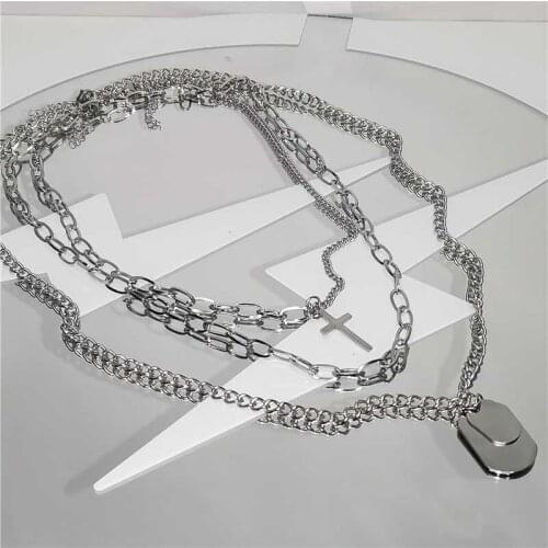 Personality Cross Square Metal Multilayer Hip Hop Long Chain Necklace for Women Men Rectangle Tag Necklace Punk Couple Jewelry