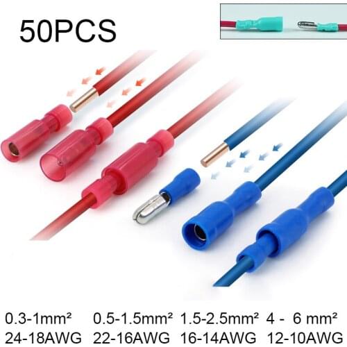 50Pcs Bullet Contacts Terminals Crimp Elelctric for Wire Eletrico Terminator Butt Splice Electrical Cable Conector Accessories
