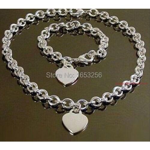 Hot selling 1set womens new stainless steel oval chain with heart charm necklace bracelet 19.6'' + 8