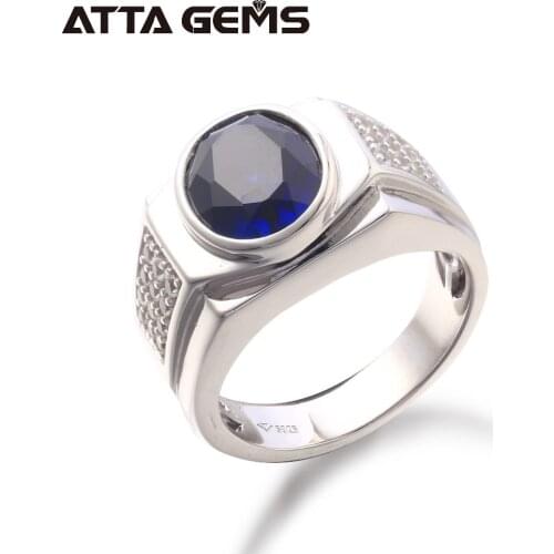 Blue Sapphire Sterling Silver Mens Ring For Wedding Engagement Band 6 Carats Created Faced Sapphire Rings Boyfriends Gifts