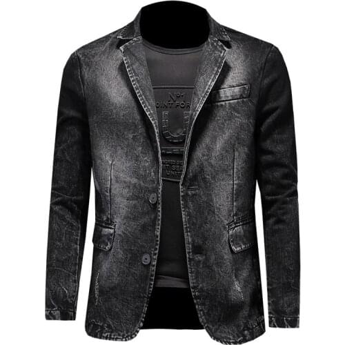 Mens Cotton Jacket Denim Suit Single Pocket Casual Gray Spring Autumn Jacket Slim Denim Suit Jacket