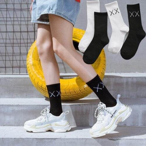 Korean Style Women Fork Black Cotton Socks Men Tube Socks Ins Couple Sports Socks White Japanese Street Harajuku Hip-hop Socks