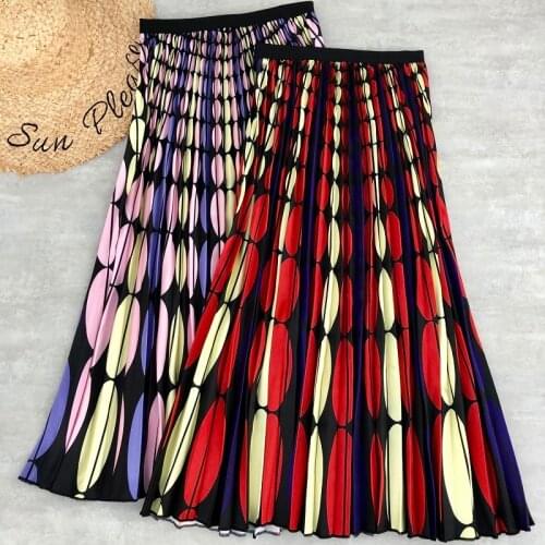 Autumn Women Pleated Midi Skirts Cartoon Print Long Korean Style Retro Vintage Floral High Waist Graffiti Holiday Party Skater