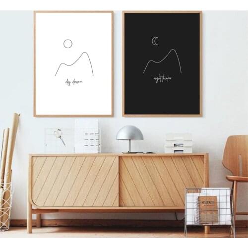 Day Dreamer Night Thinker Poster And Prints Minimal Black White Wall Picture Sun & Moon Line Drawing Canvas Painting Home Decor
