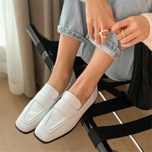 PXELENA Classic Genuine Leather Low Heels Loafers Women Square Toe Slip On Pumps 2021 Spring Autumn Daily Casual Comfort 34-40