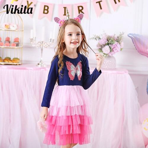 VIKITA Kids Dress For Girls Princess Dress Butterfly Sequin Children Christmas Costume Autumn and Winter Dress For Girls Clothes