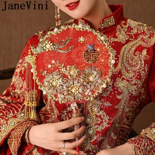 JaneVini Diy Bridal Fan Chinese Style Vintage Wedding Bride Hand Fan Bouquet Handmade Pearl Red Metal Flower Fan Holder Shelf