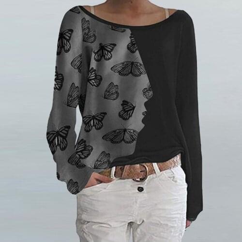 Autumn Fashion O-Neck Women Blouses Elegant Butterfly Patchwork Print Pullover Tops Spring Casual Long Sleeve Loose Lady Shirts